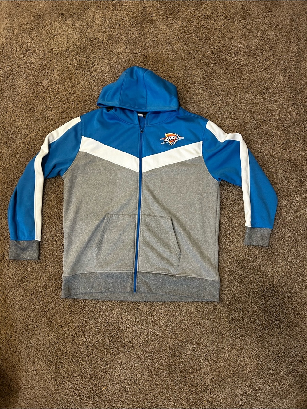 NBA OKC THUNDER Blue & Gray Zip-Up Hooded Jacket with White Stripe